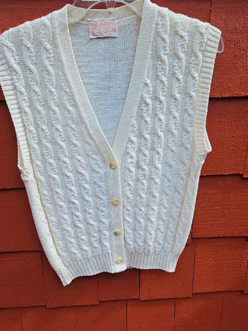 Vintage New Pendleton Cream Cable Knit V-Neck Buttoned Sweater Vest Size Medium - Picture 3 of 16